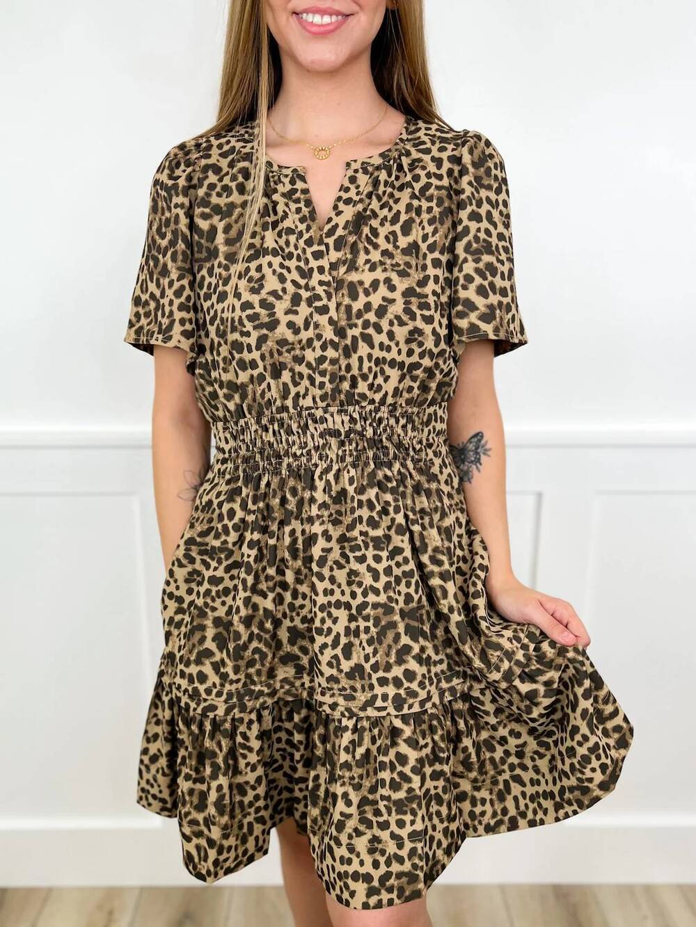 NEW SEW IN LOVE into the wild short sleeve v-neck mini dress in leopard